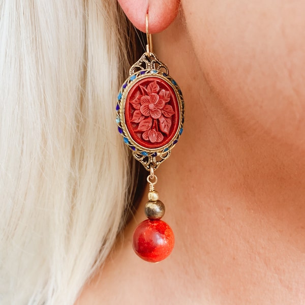 Melissandre - VINTAGE Chinese Carved Red CINNABAR Drop Earrings Intricate Oval Bronze Filigree Setting Red Coral Beads Painted Enamel OOAK