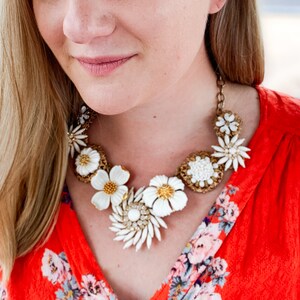 Abella - VINTAGE Assemblage Statement Bib Necklace White Enamel GOLD Filigree Dogwood Flower Repurposed Jewelry Upcycled Earrings OOAK