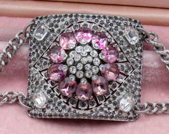 Opale -VINTAGE 1920s Paste Rhinestone Shoe Buckle Brooch REPURPOSED Cuff Bracelet Light Pink Flower Statement Jewelry Silver Chain