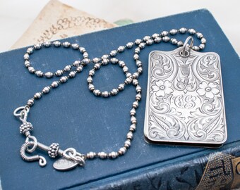 Tilda - Necklace Antique Chatelaine Sterling Silver Dance Card Engraved Floral Design Notecard Pendant Beautiful OOAK Jewelry Gift for Women