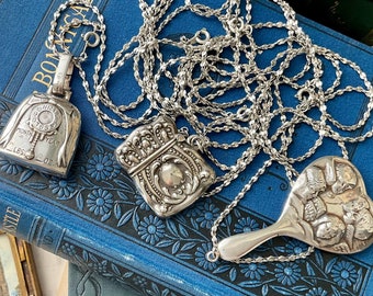 Noemie Necklace Antique Marked Sterling Silver Baby Rattle Matchbox Heart Shaped Mirror Cherubs Pendants High Quality Jewelry Gift for Women