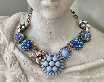 Solange - Bib Statement Necklace REPURPOSED VINTAGE Assemblage Jewelry OOAK Iridescent Rhinestone Jewelry Parts & Light Blue Milk Glass
