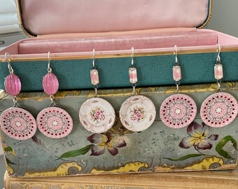 Anastasie - Drop Earrings Vintage Porcelain Miniature Plates Ceramic Red and Pink Heart Pattern Iridescent Pink Vintage Crystal Jewelry OOAK