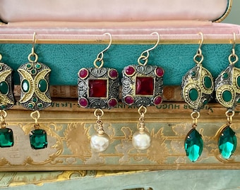 Josephine - Drop Earrings Red Green Pewter & Gold Tone Bohemian Beads Pearl Black Crystal Dangles OOAK Gold Filled Earring Wires Jewelry