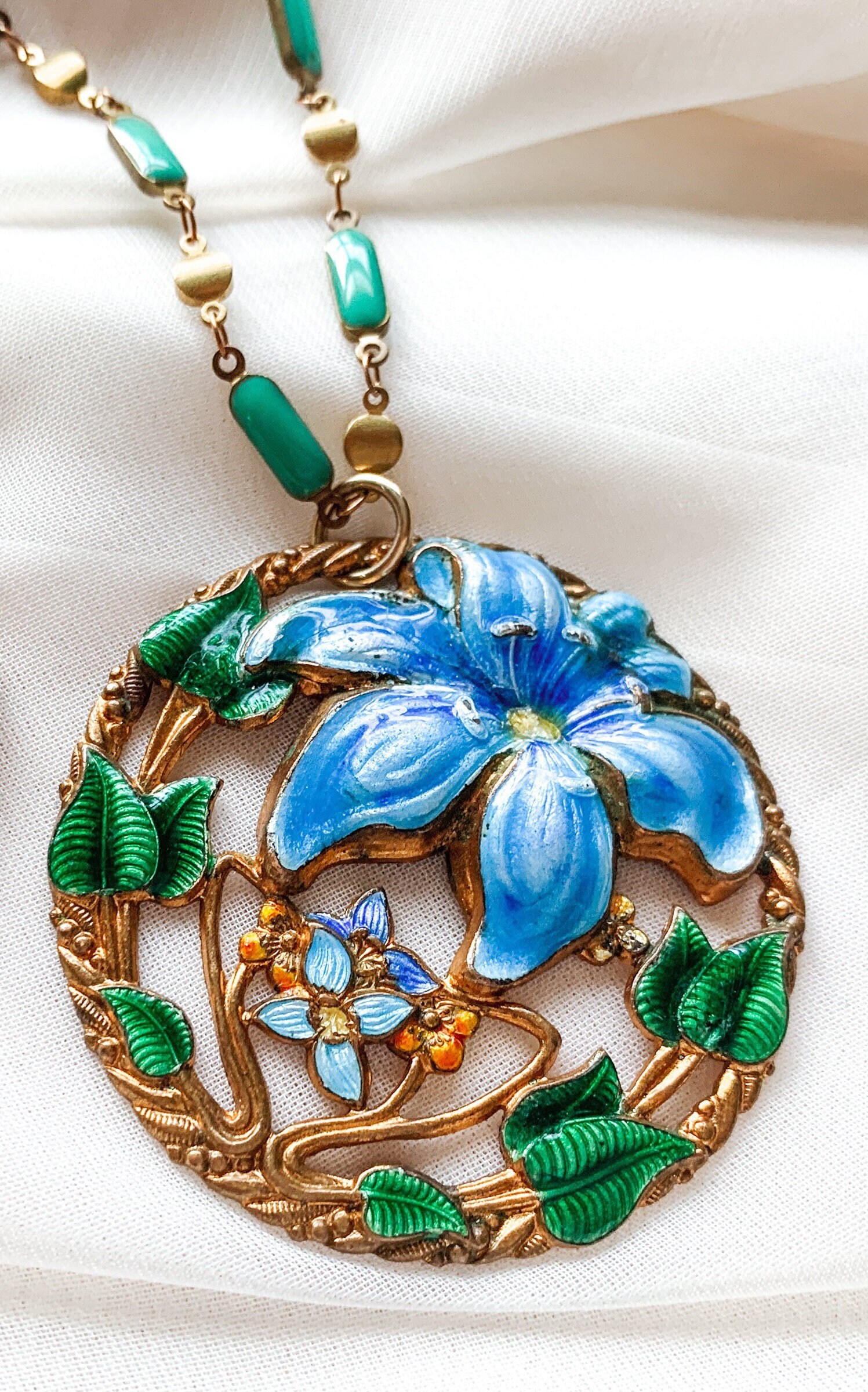 Lilou - VINTAGE Repurposed long Necklace ENAMEL Blue Green Gold Lily Painted Flower Pin Pendant Turquoise Chain OOAK Jewelry Gift