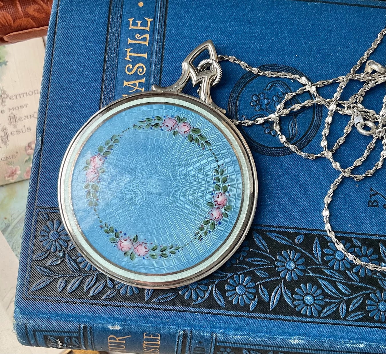 Lyrical - Necklace Vintage Repurposed Enamel Guilloche Mirror Pendant Pink Floral Design on Light Blue Field Marked Sterling Silver 3038