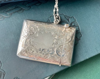 Madeliene Necklace Antique Marked Sterling Silver Etched Matchbox Pendant Gorgeous High Quality Jewelry