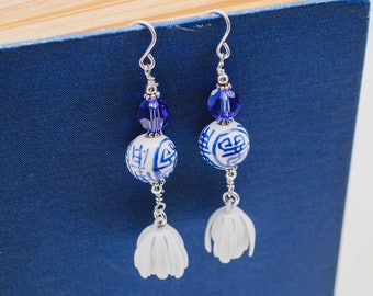 Clemence - Drop Tulip Flower Earrings Blue & White Ginger Jar Chinese Porcelain Beads Swarovski Crystal Sterling Silver Wires Gift for Women