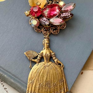 Charlotte 1 - Vintage bronze stamped  Marie Antoinette pendant 24” inch necklace pink iridescent earring