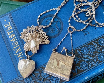Jolie - Necklace Vintage Repurposed Sterling Silver Gloved Hands w Heart Locket Miniature Purse on Silver Plated Twisted Chain Jewelry Gift