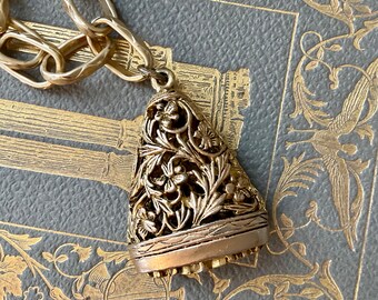 Sigrid - Pendant Necklace Large Vintage Style Brass Filigree Fob on Large Hammered Brass Chain Link Unique Jewelry Gift for Women OOAK