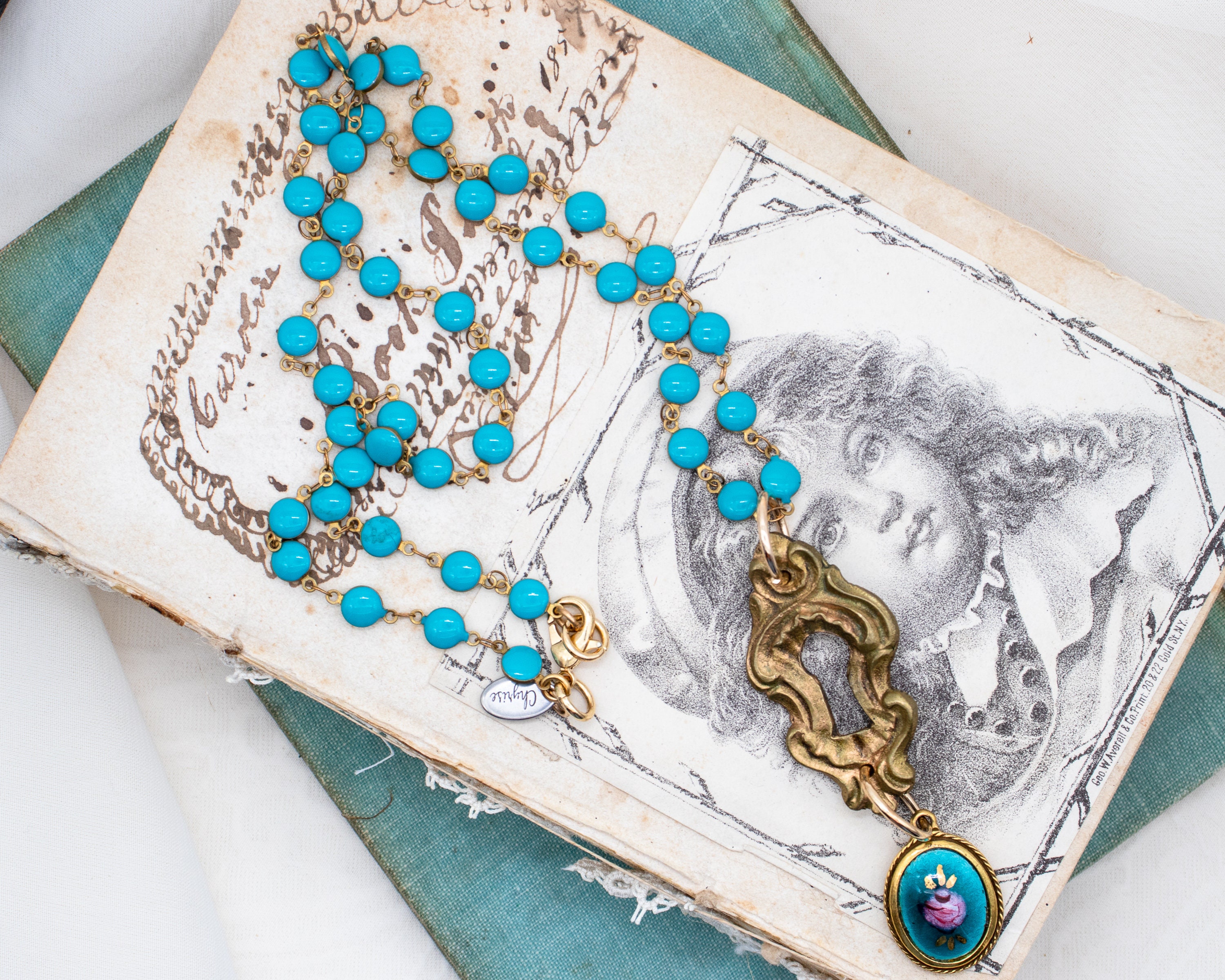 Peony - Pendant Necklace Vintage Bronze Escutcheon Keyhole Painted Enamel  Rose Turquoise Rosary Chain Jewelry Gift For Women - Yahoo Shopping
