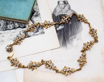 Rare Vintage Wedding Necklace Signed Miriam Haskell Small Pearls & Rhinestones Russian Gold Filigree Flourishes Gorgeous Jewelry Collectible