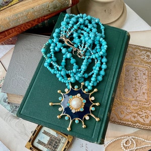 Celeste - Multistrand Statement Necklace Faceted Blue Turquoise Czech Crystals 1980s Signed Barrera for Avon Black Navy Pearl Brooch Pendant