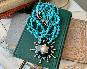 Vintage Turquoise Crystal Statement Necklace – Signed Barrera for Avon Brooch