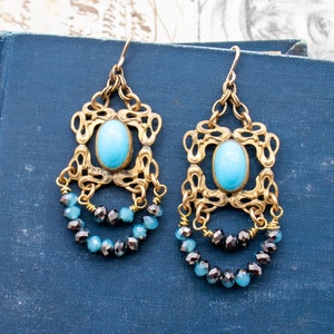 Celine - VINTAGE Repurposed EARRINGS Beautiful Chain Brass Filigree Faux Turquoise Stone Iridescent Aqua Blue CRYSTAL Drop Dangle