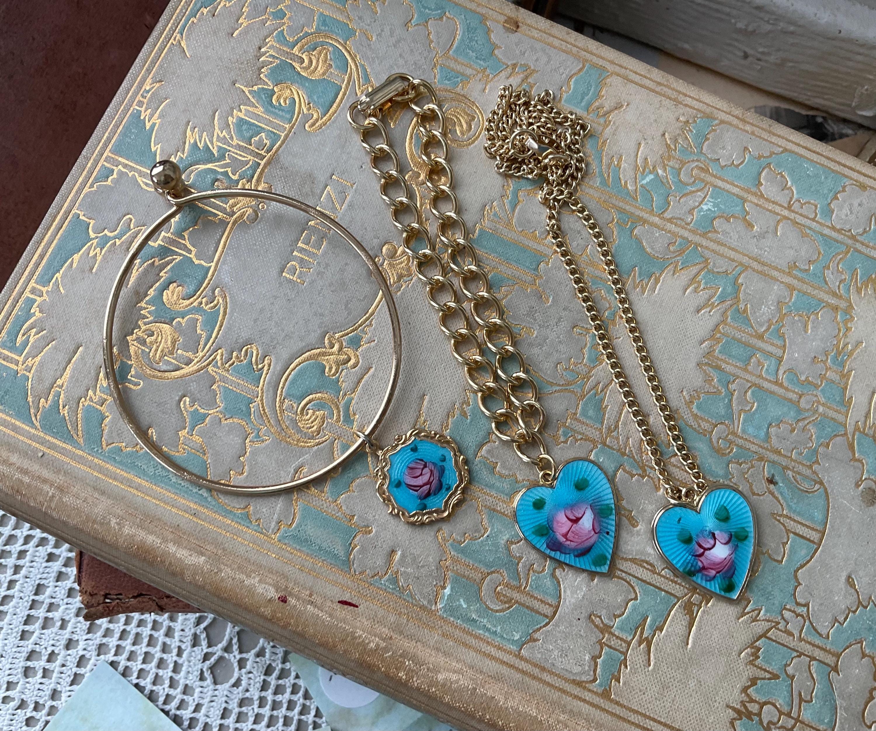 ★VINTAGE HOLLYWOOD★ Petit Heart Ball Chain Necklace_VH2313 Ca 1950s 14K Puffy Heart w/ Gemstones Necklace 18