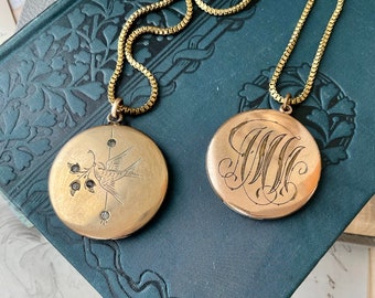Irene - Vintage 14kt Gold Filled Lockets Original Vintage Photos Engraved Initials Rhinestone Bird Etching NOS Brass Box Chain Jewelry Gift