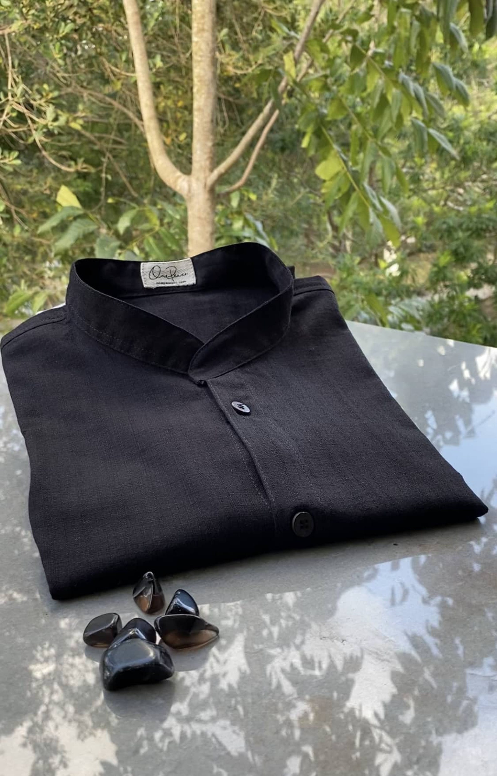 mandarin collar shirt with bow tie