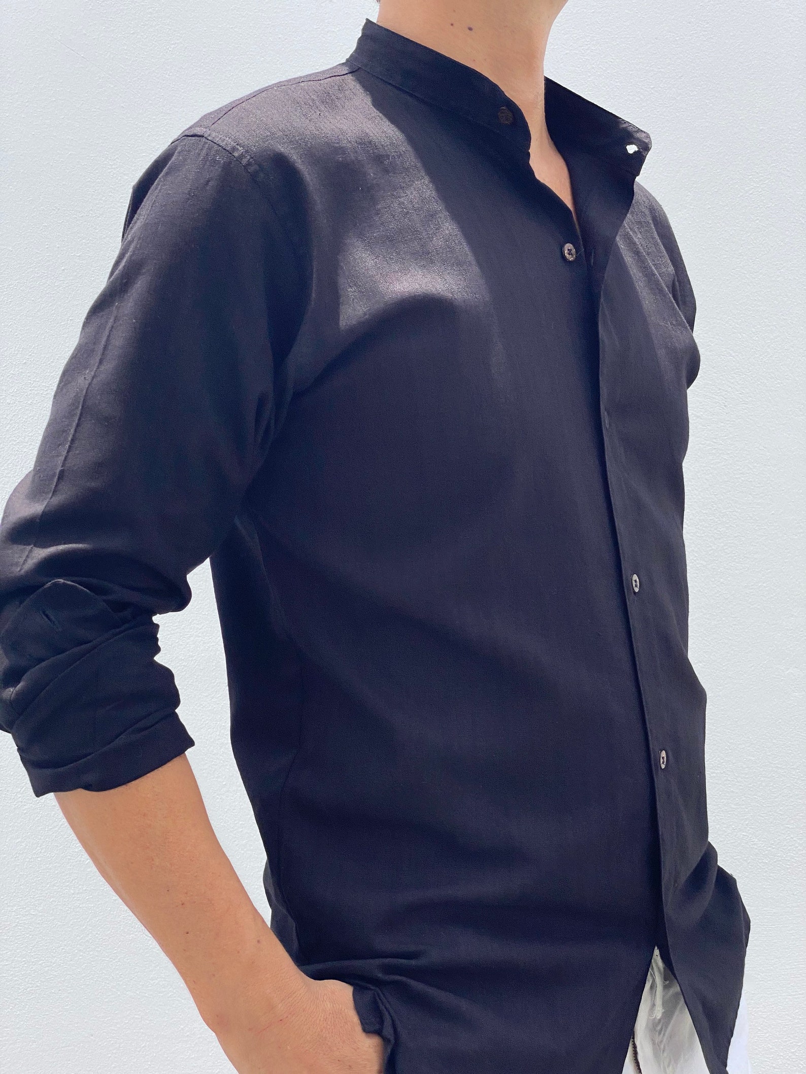 mandarin collar shirt with bow tie