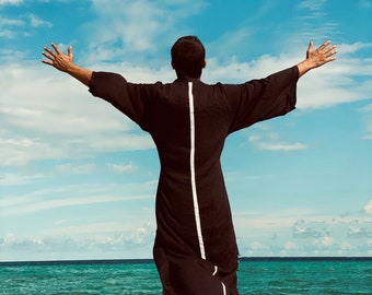 KIMONO Czarny smok z białym paskiem Oryginalny bambusowy szlafrok kimono dla mężczyzn Męskie bambusowe kimono z linią na plecach Ekologiczne