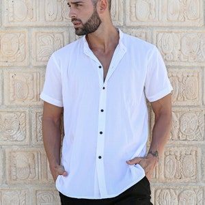 MANDARIN NECK SHIRT Kurzarm Natur geknöpftes Hemd Freizeithemd Herrenhemd Kurzarmhemd für Herren
