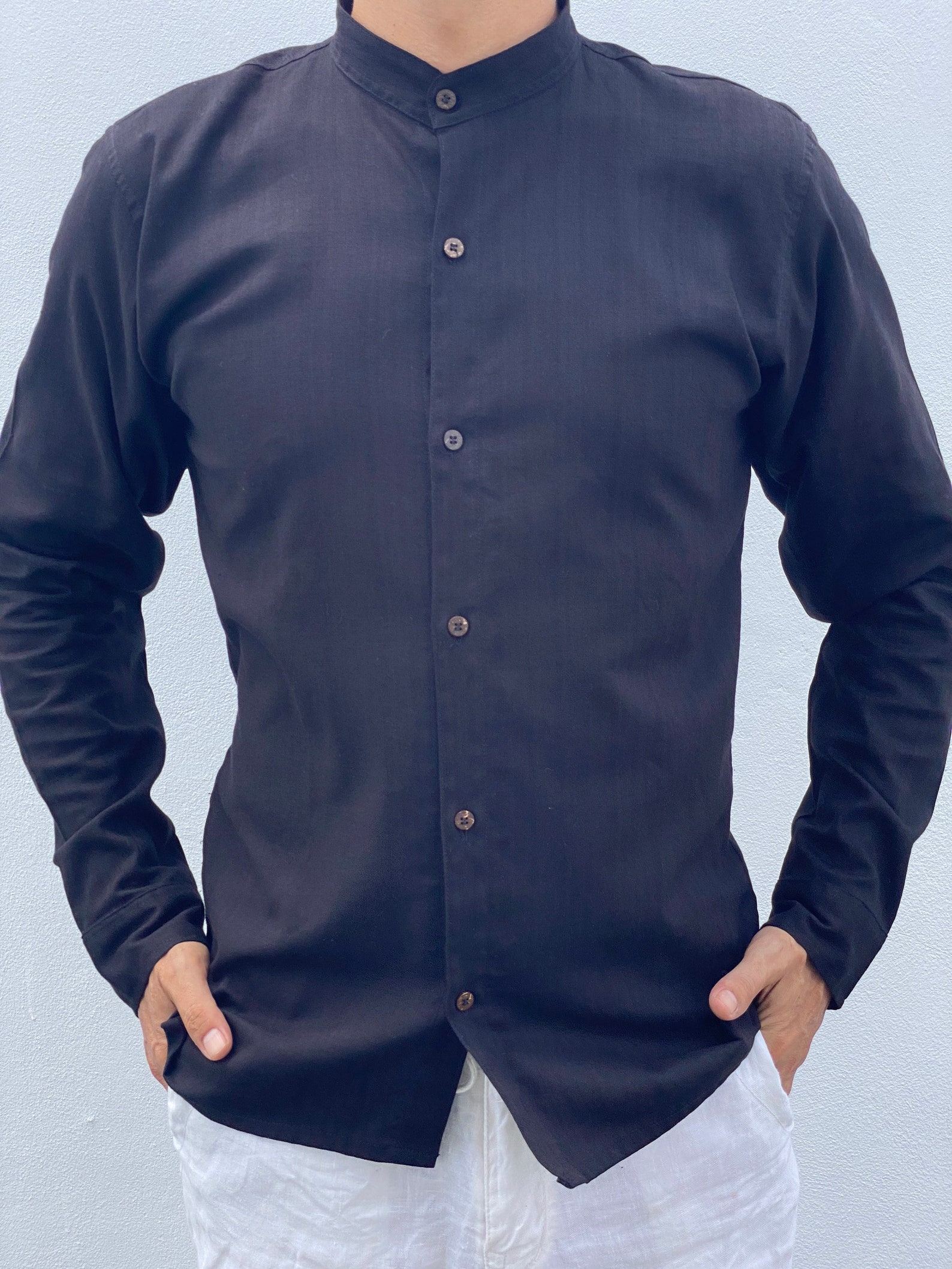 mandarin collar shirt with bow tie