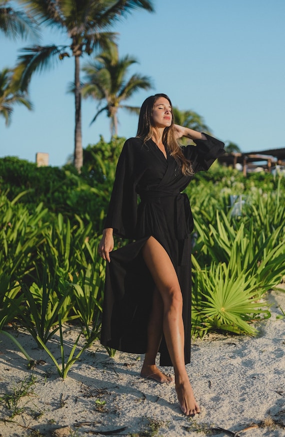 Kimono Dress Resort Wear Lounge Wear Kimono Wrap Dress Oriental Dress Ethical Clothing Womens Kimono Long Kimono Black Dress Etsy