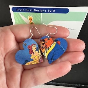 Belle & Beast Earrings | Heart-Shaped 1” Double-Sided MDF Wood | Beauty and the Beast Jewelry | Disney Princess Couple Gift
