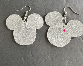 Flat Silver Glitter Mickey Head | Double Sided | Faux Leather | Mickey Earrings | Disney Jewelry | Faux Leather Mickey Mouse