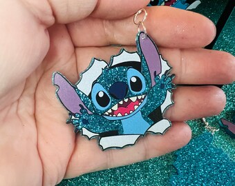 Disney Open Wall Stitch Earrings | Acrylic Earrings | Glitter Earrings | Handmade | Earrings | Hypoallergenic | Lilo and Stitch Earrings |