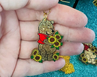 Disney Pooh Bear with Sunflowers Earrings | Acrylic Earrings | Glitter Earrings | Handmade | Hypoallergenic | Winnie the Pooh Earrings |