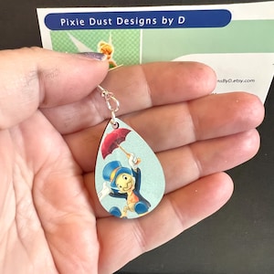 Jiminy Cricket Earrings | Pinocchio Inspired Teardrop Earrings | Blue Sky Umbrella Design | Fan Made Disney Character Jewelry