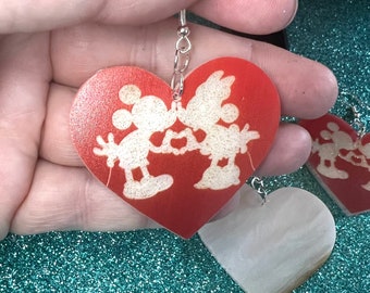 Disney Mickey & Minnie Kiss Earrings | Acrylic Earrings | Glitter Earrings | Handmade | Hypoallergenic | Mickey and Minnie Mouse Earrings |