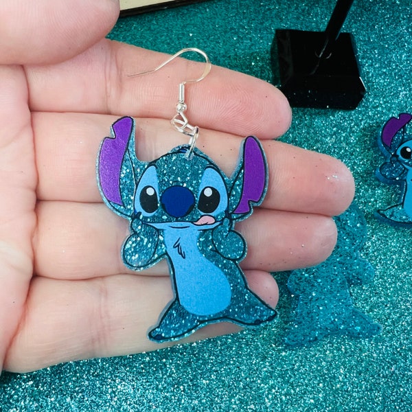 Disney Tongue Out Stitch Earrings | Acrylic Earrings | Glitter Earrings | Handmade | Earrings | Hypoallergenic | Lilo and Stitch Earrings |