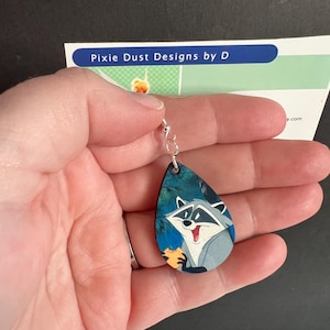Meeko Eating Cookie Earrings | Pocahontas Inspired Jewelry |  Sublimation Teardrop | Sterling Silver | Raccoon Meeko