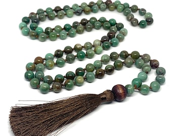 Collar de curación de Mala de piedras preciosas de jade real, 108 cuentas de Mala anudadas a mano, 108 cuentas de Mala, collar de borla de Mala, Japa Mala, Mala de meditación