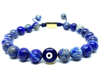 Real Lapis Lazuli Evil Eye Gemstone Crystal Bracelet, Bracelet For Men, Bracelet For Women, Bracelet For Couple, Customize Gıft, Adjustable
