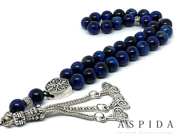 Echter Blauer Tigeraugen Natürlicher Heilstein Personalisiert Tasbih 33, Gebetsperlen, Tesbih, Misbaha, Tasbeeh, Sibha, Rosenkranz, Premium Qualität