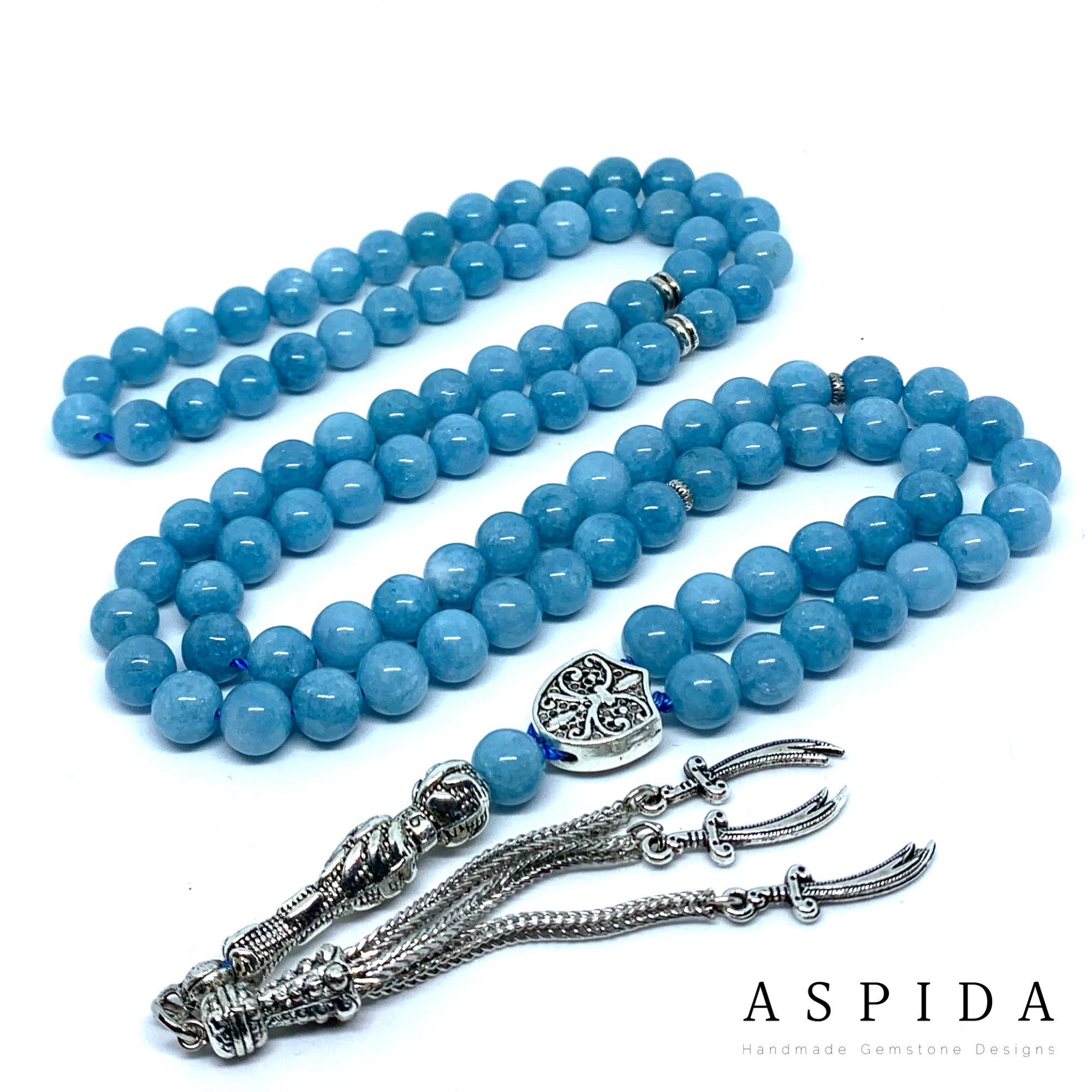 Echter Aquamarin Edelstein, Islamisches Gebet 99 Perlen, Tasbih, Tesbih, Misbaha, Tasbeeh, Sibha, Rosenkranz, Tasbih 99, Tasbih personalisiert 8 mm,