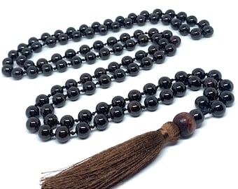 Äkta granat ädelsten Mala andligt halsband, handknuten 108 Mala pärlor, 108 Mala pärlor, Mala tofshalsband, Japa Mala, Meditation Mala