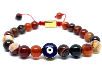 Real Agate Evil Eye Gemstone Crystal Bracelet, Bracelet For Men, Bracelet For Women, Bracelet For Couple, Customize Gıft, Adjustable Gift,
