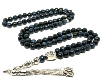 Real Black Tiger eyes Gemstone, Islamic Prayer 99 Beads, Tasbih, Tesbih, Misbaha, Tasbeeh, Sibha, Rosary, Tasbih 99, Tasbih Personalized 8mm