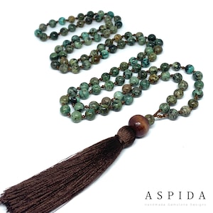 Real African Turquoise Gemstone Mala Spiritual Necklace 6mm , Hand Knotted 108 Mala Beads, 108 Mala Beads, Mala Tassel Necklace, Japa Mala,