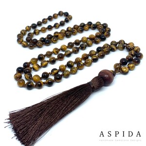 Real Tiger Eyes Gemstone Mala Spiritual Necklace 6mm, Hand Knotted 108 Mala Beads, 108 Mala Bead, Mala Tassel Necklace, JapaMala, Meditation