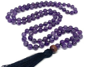 Real Amethyst Gemstone Mala Healing Necklace, Hand Knotted 108 Mala Beads, 108 Mala Beads, Mala Tassel Necklace, Japa Mala, Meditation Mala