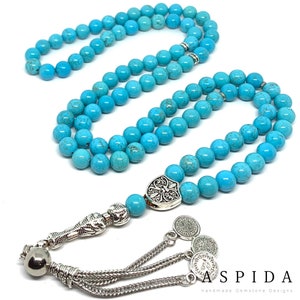 Pedra preciosa turquesa real, oração islâmica 99 contas, Tasbih, Tesbih, Misbaha, Tasbeeh, Sibha, Rosário, Tasbih 99, Tasbih personalizado 8 mm, pré