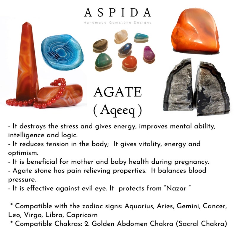 May include: Agate, also known as Aqeeq, is a gemstone believed to have healing properties. It is shown in various shapes and colors, including red, orange, and blue. The text describes its benefits, including stress relief, energy boost, and protection against evil eye. It is compatible with several zodiac signs and chakras.