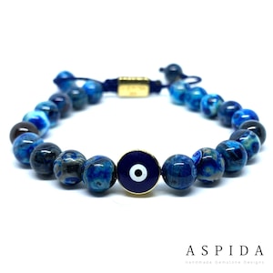 Real Blue Agate Evil Eye Gemstone Crystal Bracelet, Bracelet For Men, Bracelet For Women, Bracelet For Couple, Customize Gıft, Adjustable