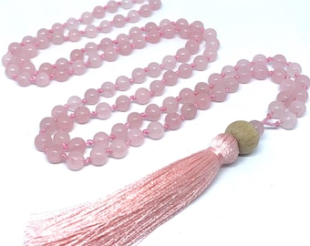 Collana Mala In Ametista E Quarzo Rosa AAA 108 Perle 6mm – Annodata A Mano, Per Meditazione, Yoga E Protezione Spirituale, Con Nappa